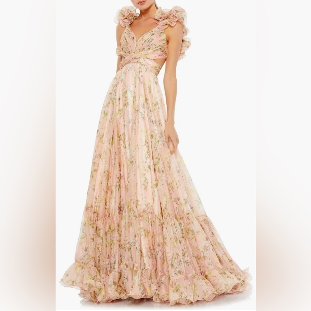 Mac Duggal 67803 Floral Chiffon Cutout Ruffle Shoulder Ball Gown Maxi Dress sz 8